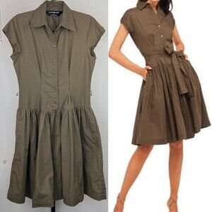 Norma Kamali Army Green Cotton Shirt Dress Womens M Button Front Fit Flare Chic